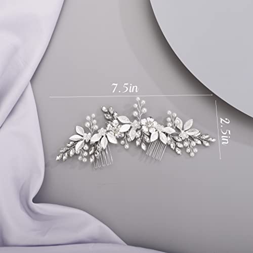 Chargances Bridal Flower Pearl Hair Comb Wedding Rose Gold Crystal Leaf Hair Side Vine Comb Fashion Flower Beaded Rhinestone Headpieces Wedding Prom Flower Girl Hair Accessories for Women and Girls