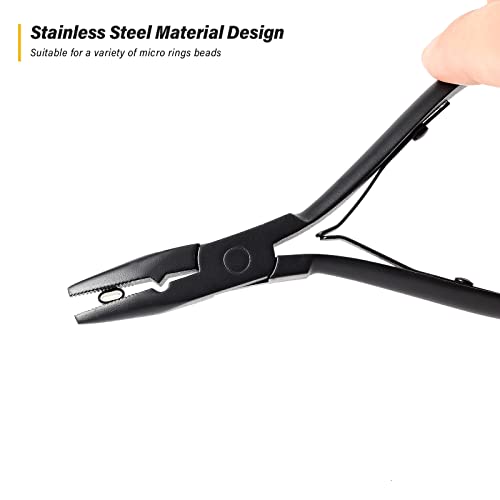 Gomake Hair Extensions Closed and Remover Pliers set, Micro Silicone Rings Beads Hair Extensions Loop Needle Threader Pulling Hook Tool and Bead Device Tool for Hair or Feather Extensions (Gold)