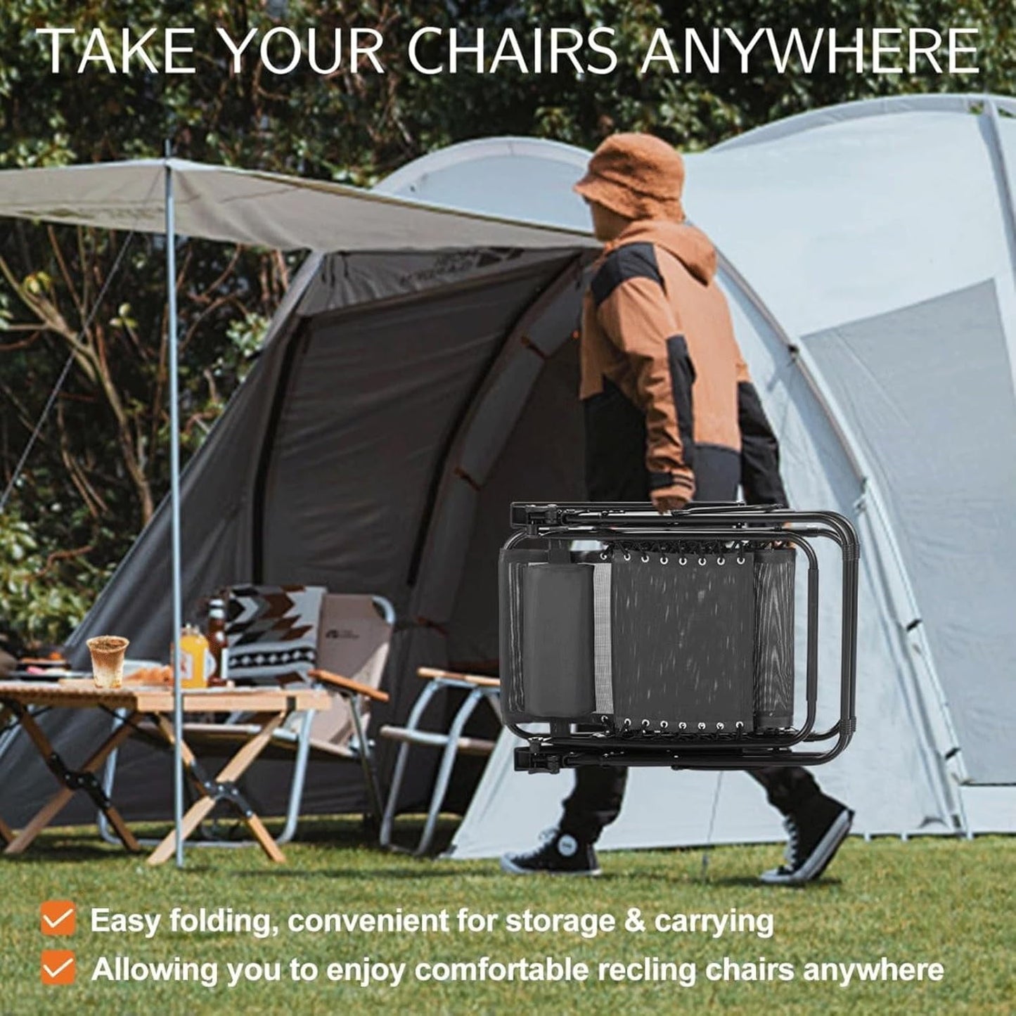 Atilioo Zero Gravity Chairs Set of 2, Adjustable Folding Recliner, Portable Lounge Chair with Steel Frame, Mesh Fabric, Cup Holder Trays & Pillow for Beach, Camping & Patio, Black