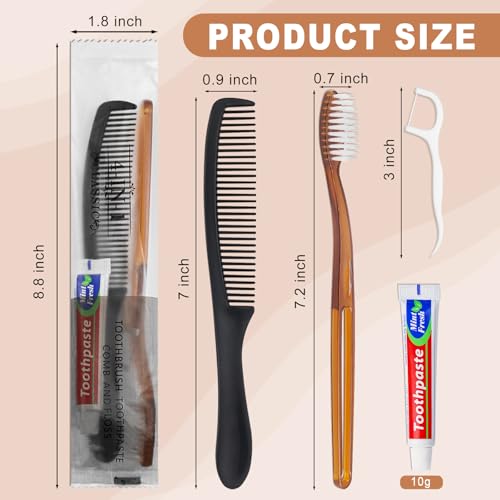 Gisdo 10pcs Disposable Toothbrushes with Toothpaste and Comb Floss Individually Wrapped,4-in-1 Bulk Toothbrush Kit with 2 Color Toothbrush,10 grams Toothpaste,7 inch Comb,Floss Pick for Homeless,Hotel