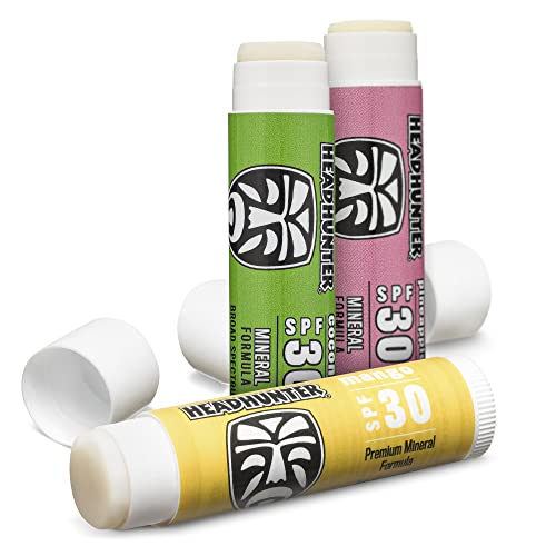 Headhunter Sport Chapstick Sunscreen SPF 30, Natural Mineral Waterproof Lip Balm For Sun Protection, Ultra Solar Defense - Reef Safe Sunblock Chap Stick, 3 Flavors - Coconut, Pineapple, Mango (3 Pack)