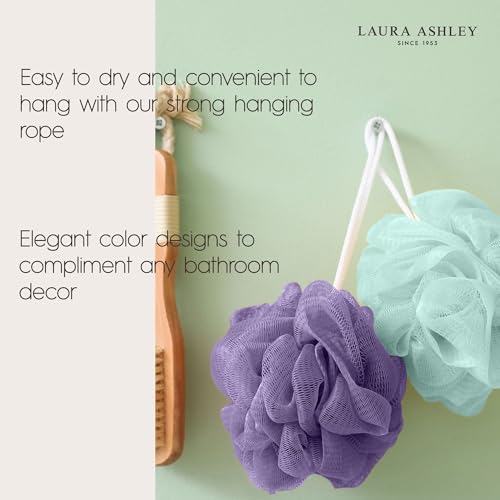 Laura Ashley 6 Pack Loofah Shower Poufs Exfoliating Cleansing Body Scrubbers for Shower in Washable Zip Up Bag