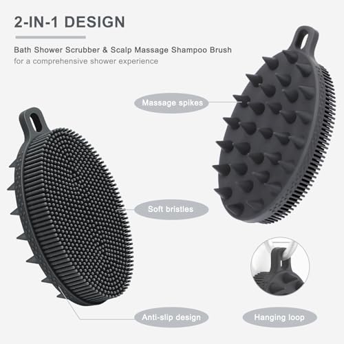 FREATECH 2-in-1 Silicone Body Scrubber - Bath Shower Body Brush and Shampoo Brush Scalp Massager Exfoliator, Deep Cleanse Skin & Hair, Lathers well, Easy to Clean and Long-lasting, Black