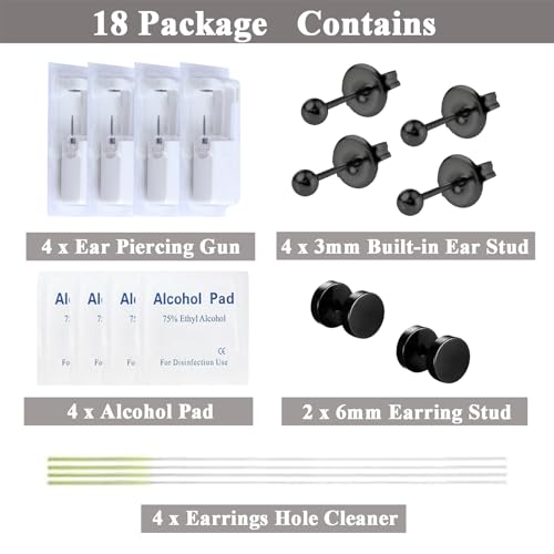 Ear Piercing Kit-18 PCS Disposable Self Ear Piercing Gun Piercing Tools with Gold Earrings Stud Ear Hole Cleaners (4G204)