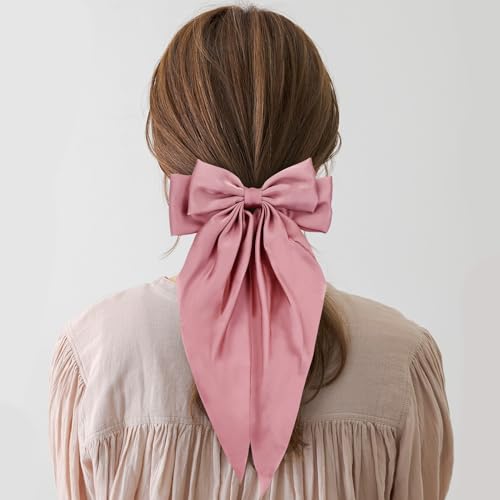 Cinaci 8 Pieces Silky Satin Big Hair Bows for Women Girls Teens, Fancy Long Tail Bow Hair Clips French Hair Barrettes Hair Accessories