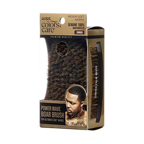 KISS COLORS & CARE 360° Power Wave Palm Brush - Medium Soft, Curved Handle, High-Density Boar Bristles for Deep Waves, Shed-Free Grip