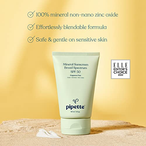 Pipette Mineral Sunscreen - SPF 50 Broad Spectrum Baby Sunblock with Non-Nano Zinc, UVB/UVA Non-Toxic Sun Protection for Kids & Sensitive Skin, 4 fl oz