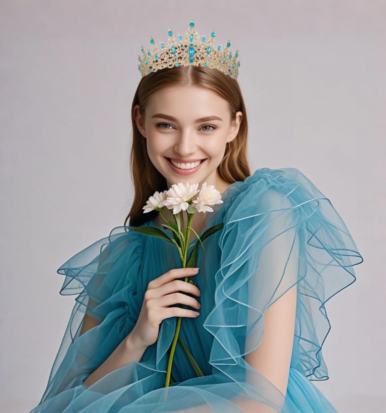 Kamirola Tiara for Women, Crystal Queen Crowns, Rhinestone Princess Tiaras, Royal Hair Accessories Perfect for Birthday,Prom,Decorations, Wedding Brides, and Halloween (Gold & Skyblue)