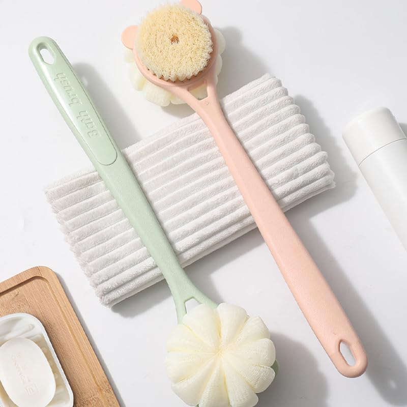 Maji Mama 15.7inch Upgrand Shower Body Brush,Soft Bristles and Loofah/Mesh Sponge Ball Long Handle Bath Brush Back Scrubber for Gentle Skin Exfoliating and Cleaning (Green)