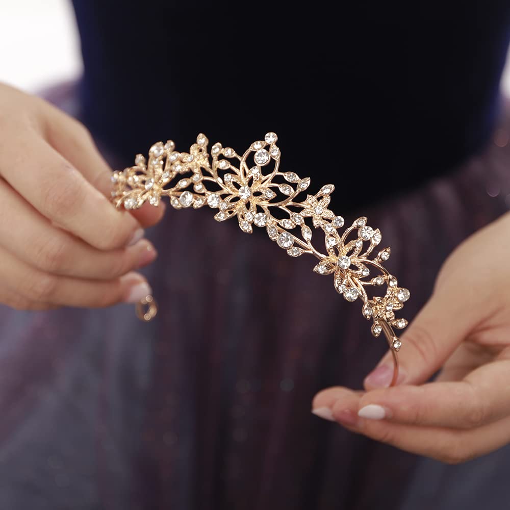 JWICOS Crystal Tiaras and Crowns for Women and Girls Bridal Princess Rhinestones Crystal Flower Wedding Tiara Crown for Birthday Pageant Prom Party (Gold)