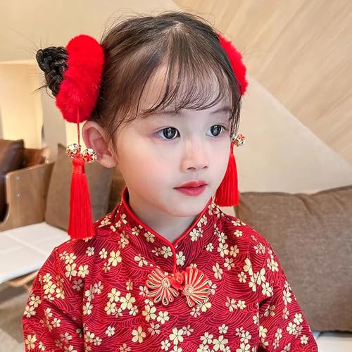 LOONELO 4 Pairs Chinese New Year Baby Girl Hair Clips with Chinoiserie Tassel, Dragon Year Hairy Furry Balls Red Bows Hairpins, Tassel Hair Barrettes for Spring Festival Lunar Year Decorations