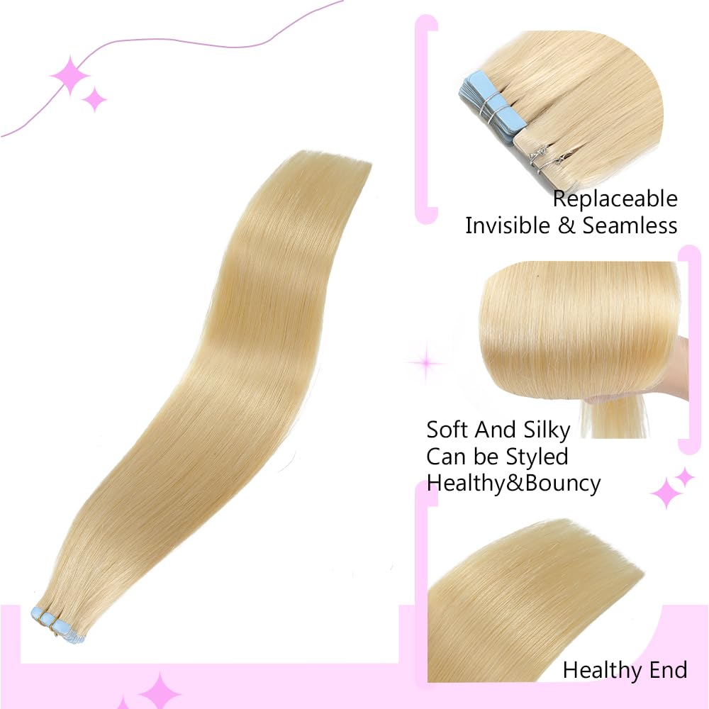 ELFSECRET 100% human hair Tape In Hair Extensions Invisible PU Seamless Skin Weft Tape in Real Human Hair Silky Straight Hair Extensions Soft Thick To End 40g/pack 20pcs (28 Inch, #613 Bleach Blonde)