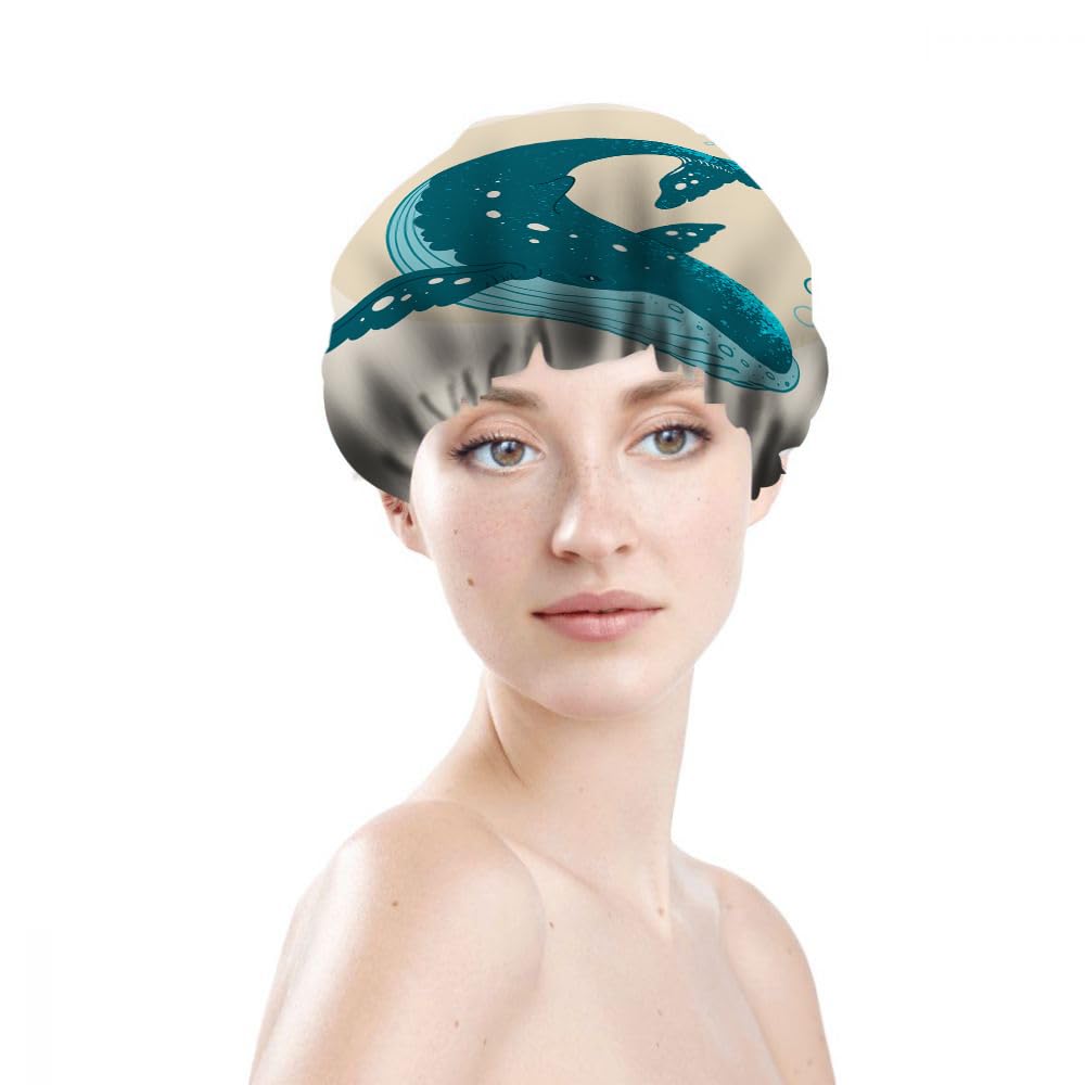 Ceutoiy Reusable Shower Cap Double Waterproof Layers Bathing Hat Blue Whale Shower Cap Swimming in The Underwater Bubble