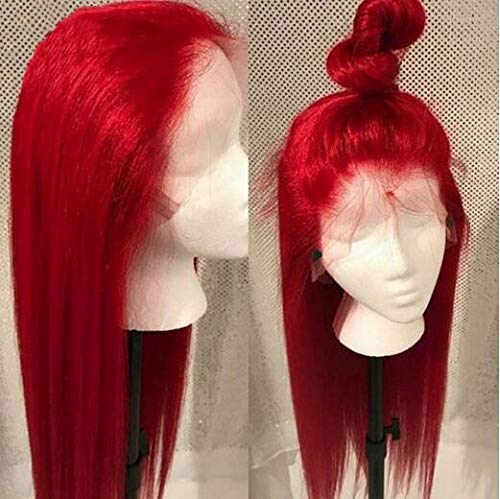 KRN Red Color Brazillian Virgin Human Hair Silky Straight 130% Density Lace Front Wigs Pre-Plucked Hairline Full Lace Wig with Baby Hair for Women (16 Inch, Lace Front Wig)
