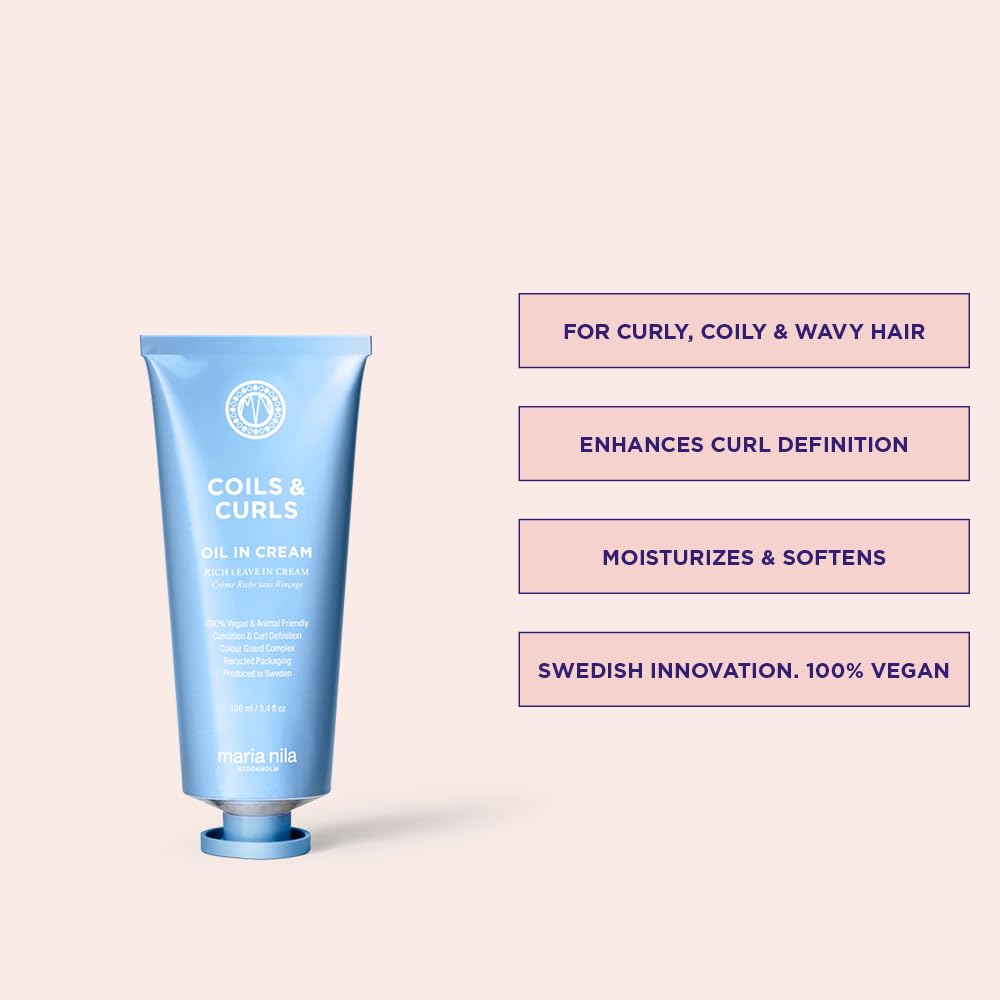Maria Nila Coils & Curls Oil-In-Cream, 3.4 Fl Oz, For Curly & Wavy Hair, Jojoba oil to Stay Hydrated while Washing, Shea butter for Curl Enhancement, 100% Vegan