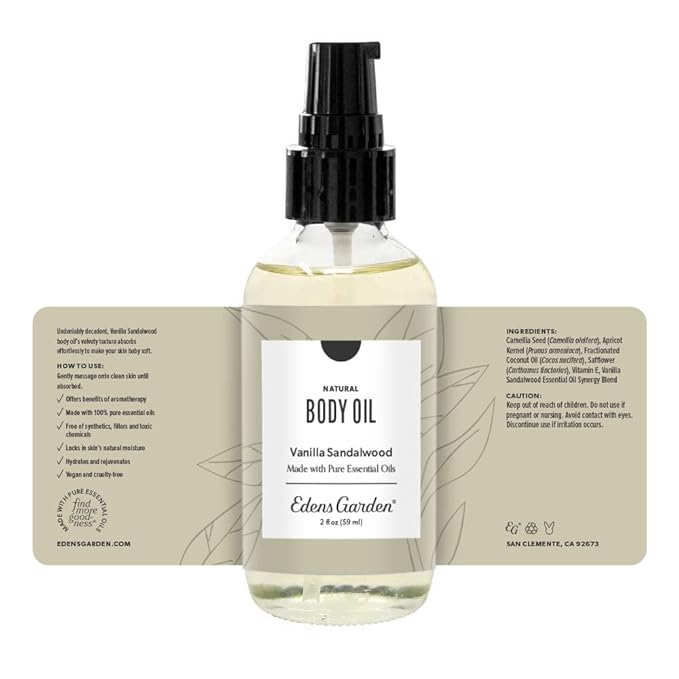 Edens Garden Vanilla Sandalwood Bath & Body Oil – Luxury Aromatherapy Blend with Pure Essential Oils & Vitamin E for Smooth, Hydrated Skin – After Shower Moisturizer for Women & Men, 2 fl oz (59 ml)