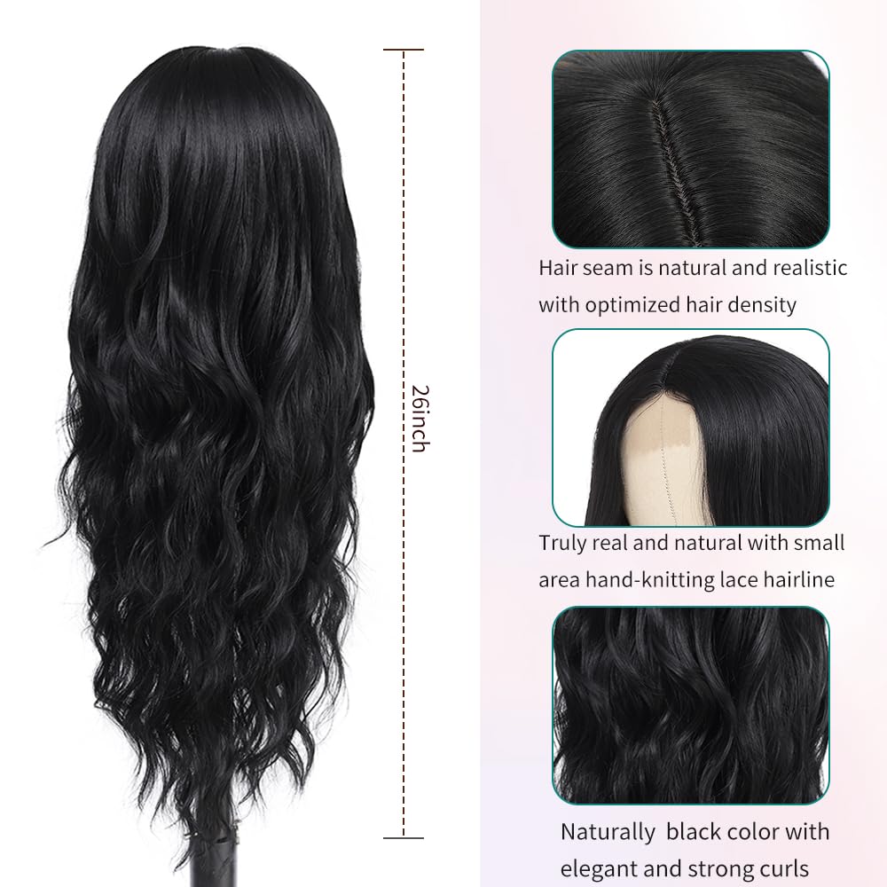 Long Black Wig Curly Black Long Hair Wigs for Women Upgraded Protein Fiber Wig(26'' Black)