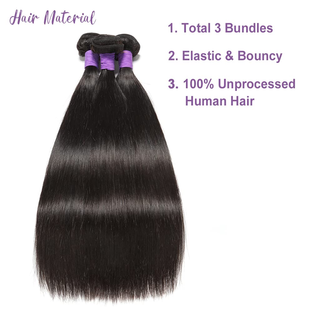 Genrein 10A Peruvian Virgin Straight Hair 3 Bundles Human Hair 18 20 22 Inch 100% Unprocessed Remy Straight Hair Extensions 1B Color for Black Women