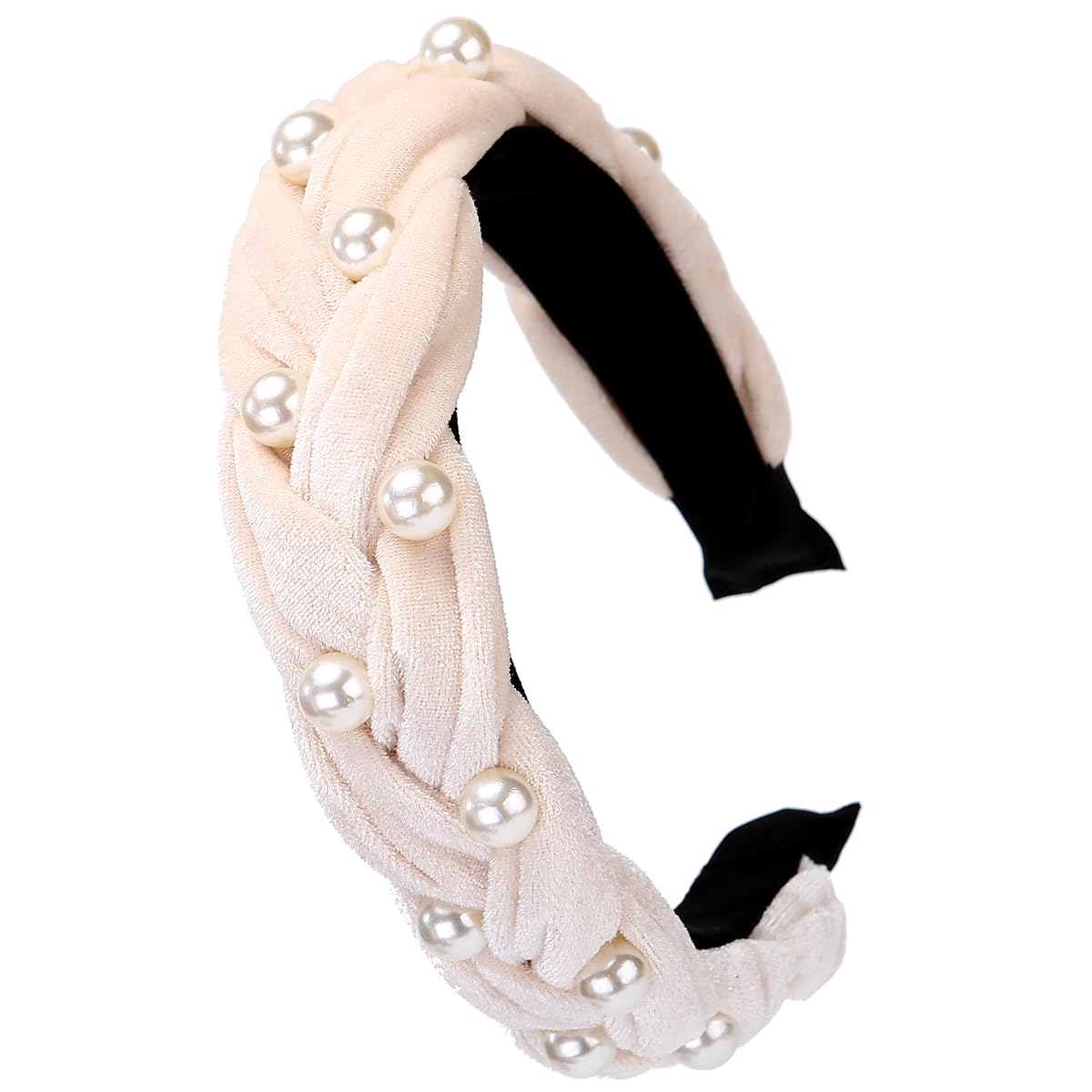 LONEEDY Cute Braided Velvet Wide Headband,Fashion Padded Twist Pearl Thick Headband for Women and Girls (Pearl-Cream)