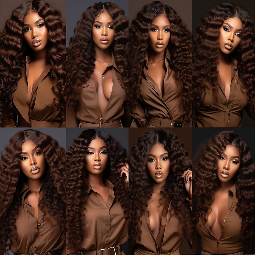 Loose Dark Brown Deep Wave Bundles #4 Human Hair Bundles Light Brown Deep Curly Bundles Double Weft Brazilian Remy Hair Extensions Wet and Wavy Bundles Silky Soft for Black Women(20 22 24 Inch)