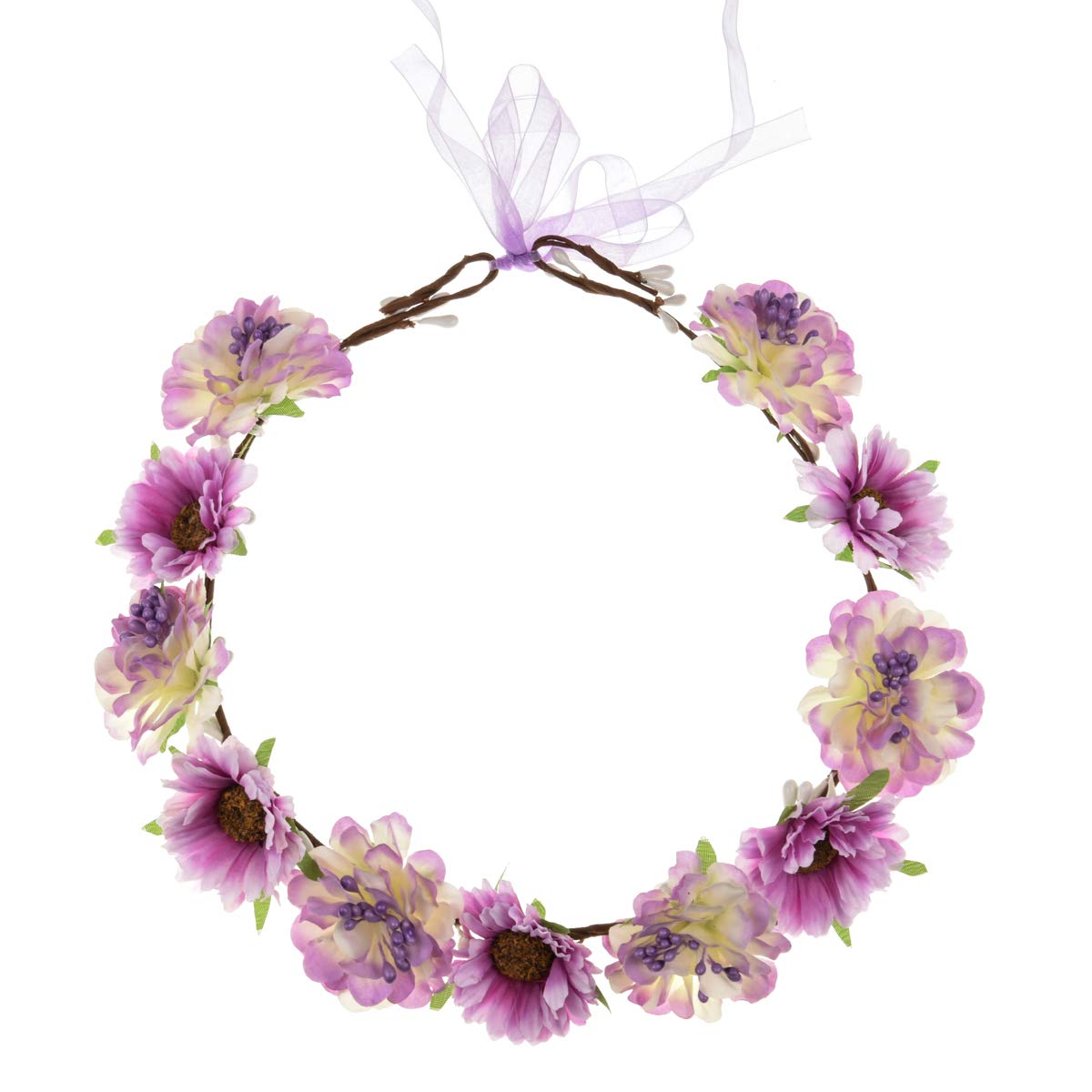June Bloomy Rose Flower Leave Crown Bridal Halo Headband with Adjustable Ribbon (A Purple)