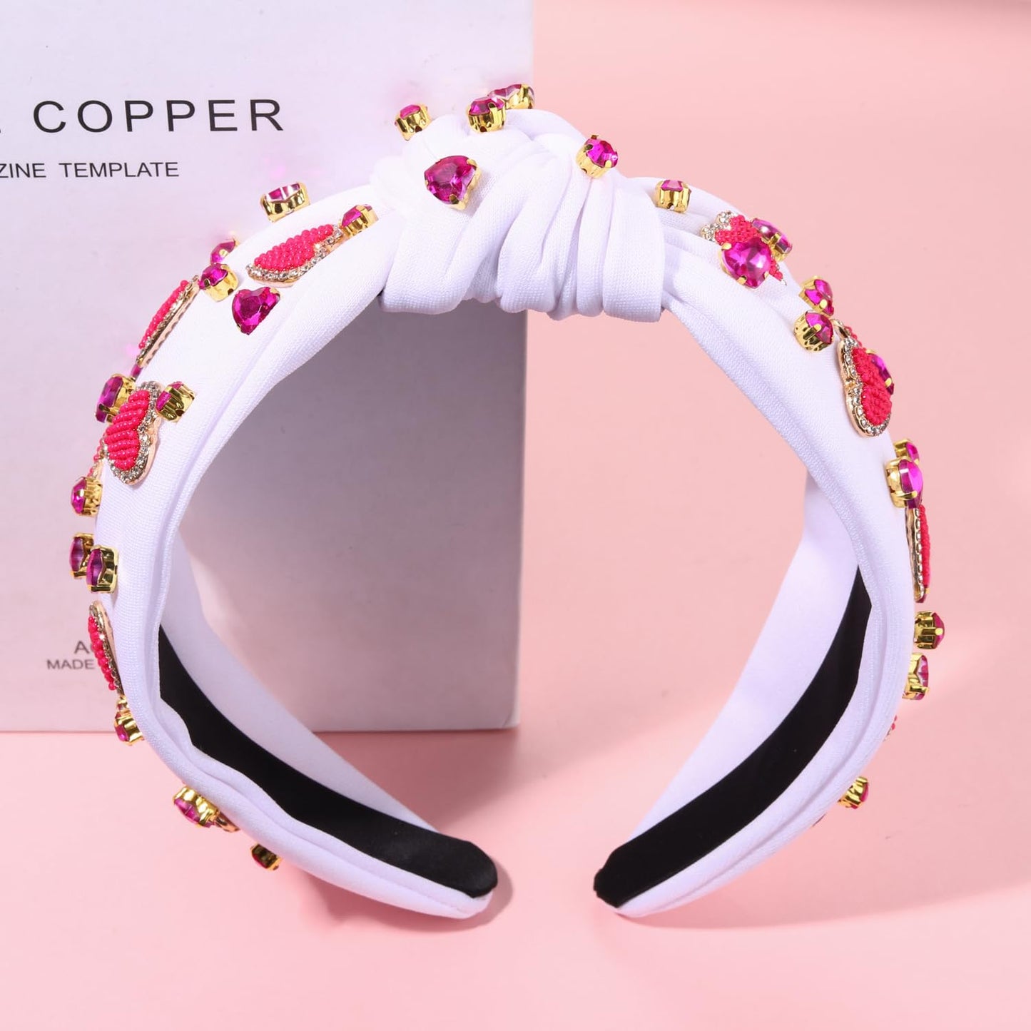 Heart Headband for Women Valentine's Day Knotted Headband Beaded Rhinestone Heart Hairband Crystal Galentines Day Top Knot Headband Valentine's Day Hair Accessories Holiday Gifts (White Heart A)
