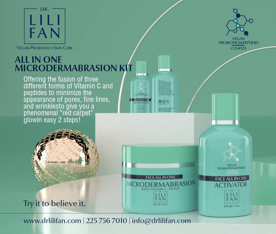 Dr. Lili Fan Probiotic All-In-One Microdermabrasion Kit. Includes Microdermabrasion Exfoliator and Activator Serum. Removes Dead Skin Cells and Brightens Skin.