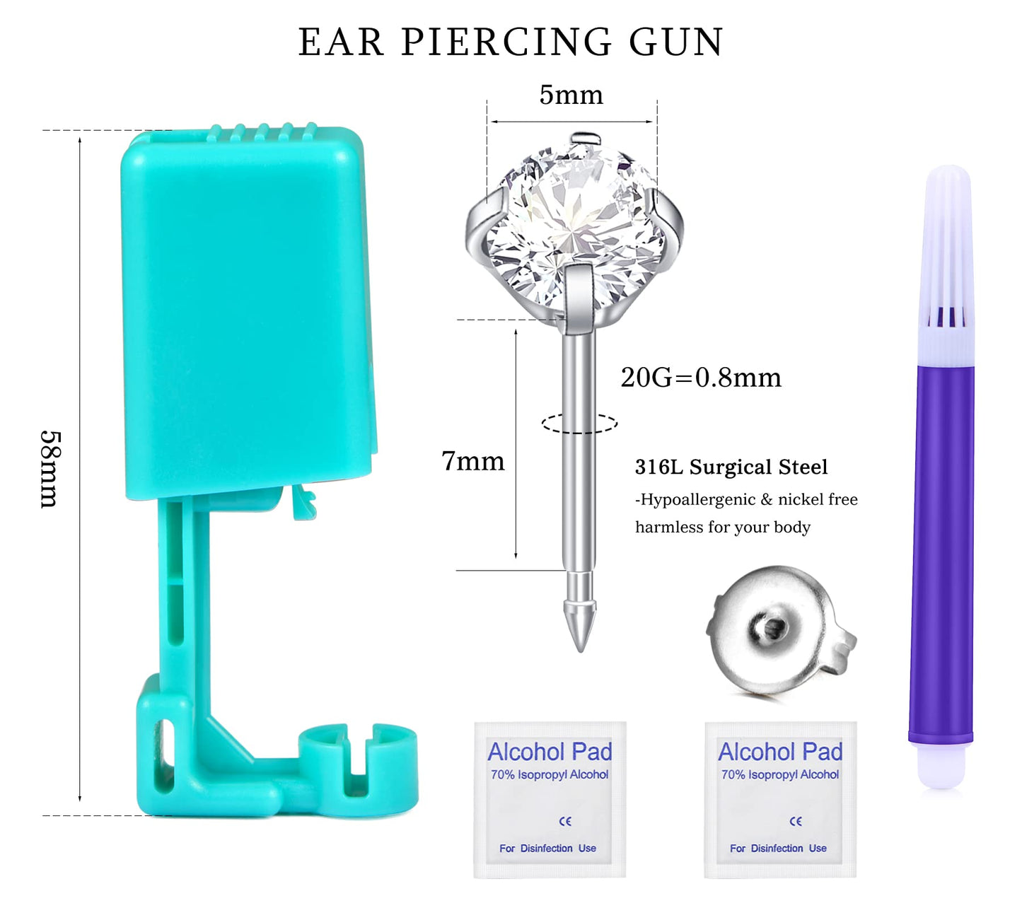 JIESIBAO Ear Piercing Gun Kit, Disposable Self Ear Piercing Kit with 16G CZ Crystal Surgical Steel Earrings for Cartilage Tragus Helix Safety Silver Ear Piercing Gun Kit Tool