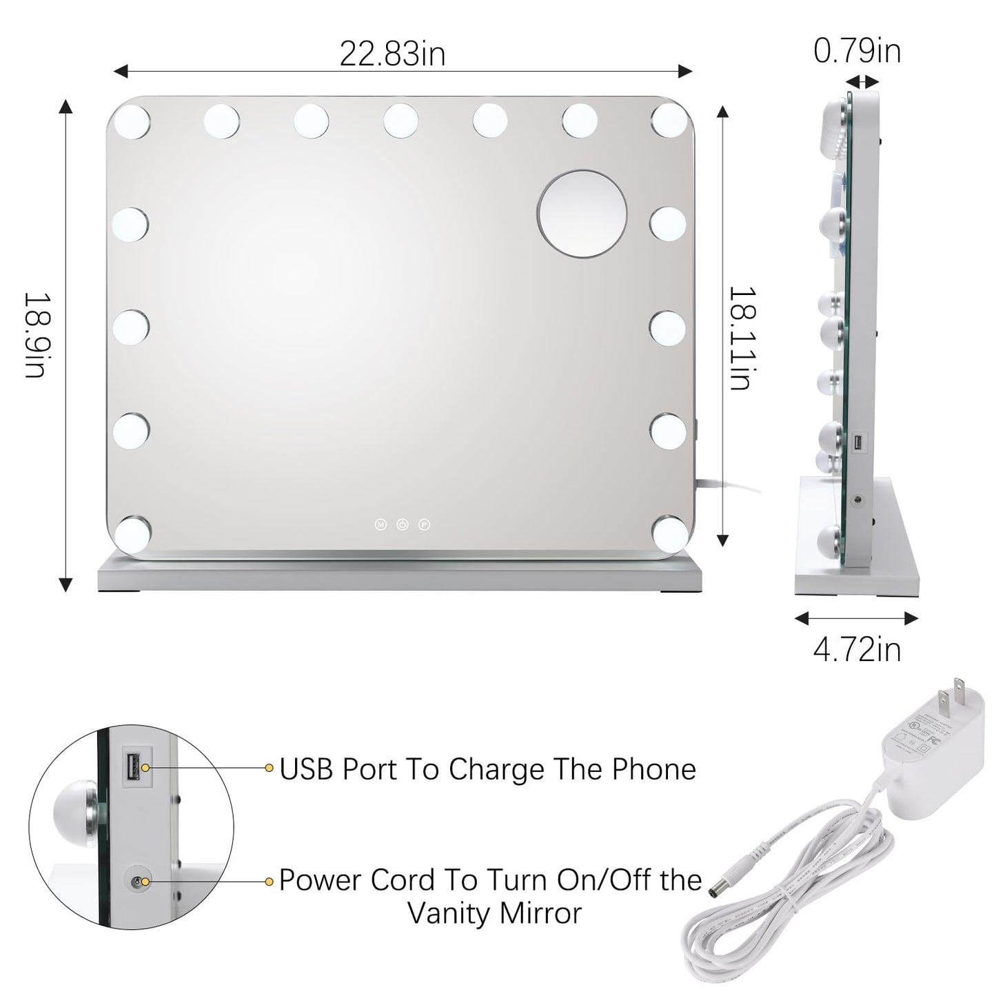 MAMIZO Hollywood Vanity Mirror with Light, Makeup Mirror with Dimmer LED, Lighted Vanity Mirror w/USB, 3 Light Colors, Touch Control 10X Magning,Tabletop/Wall-Mounted (22.8'')
