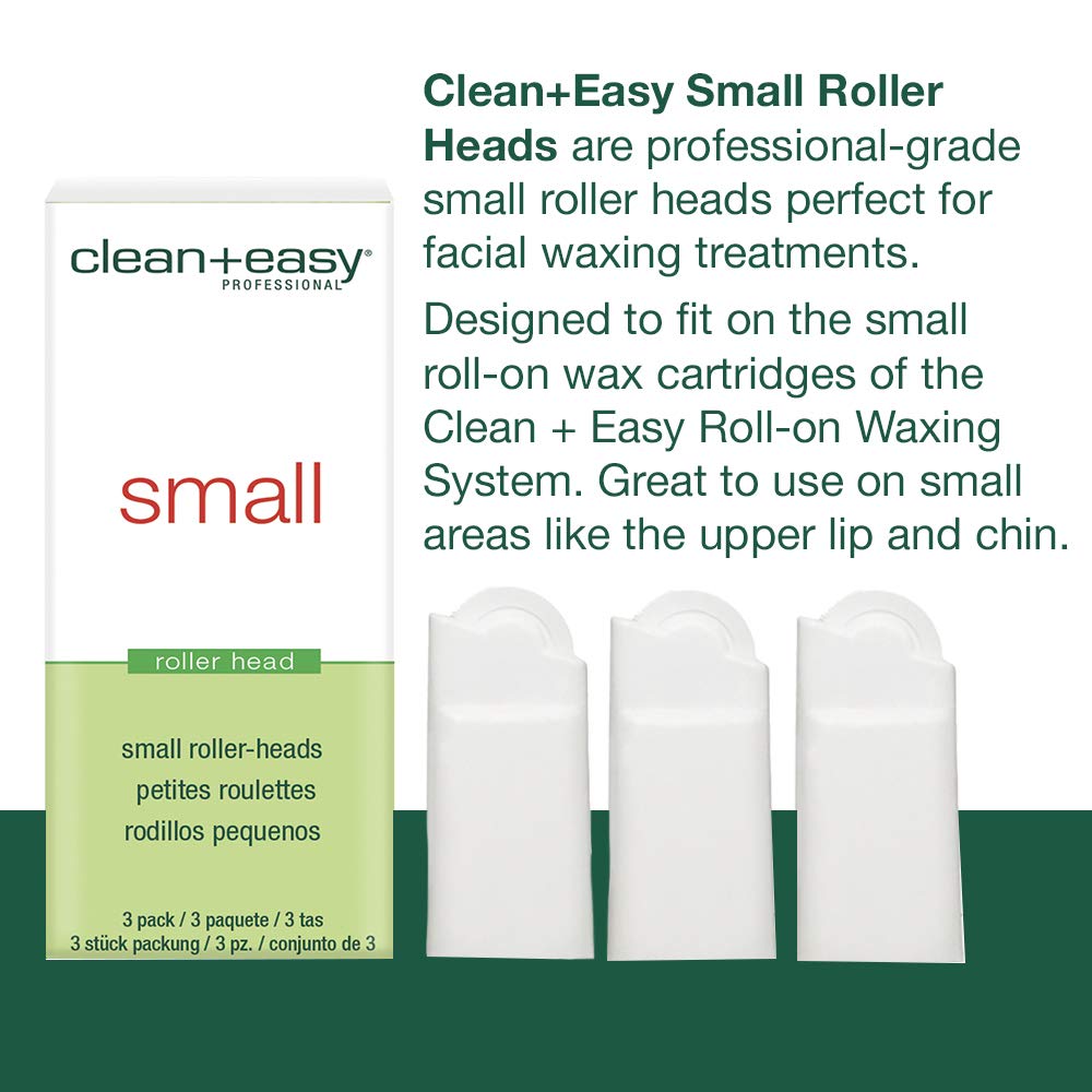 Clean + Easy Small Roller Head For Use With Roll-On Wax Refill, Perfect For Hair Removal On Small Areas, for Eyebrows, Upper Lip and Chin, Disposable and Easy to Use, DIY Waxing, 3-pack