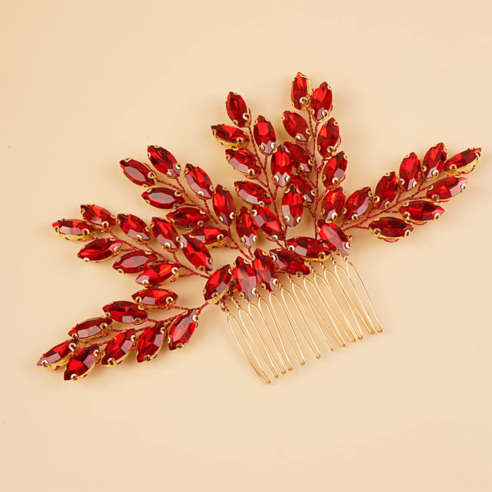 Kercisbeauty Sparkly Red Crytal Bridal Hair Comb Rhinestones Hair Piece for Wedding Brides Bridesmaid Boho Handmade Hair Jewelry Collection (Red)