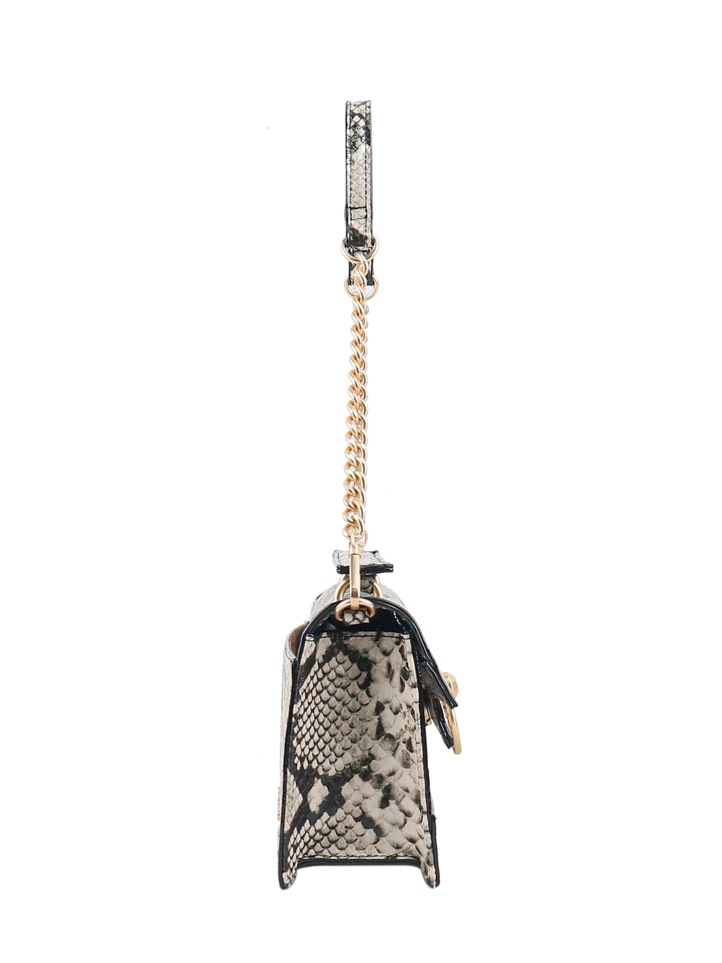 Jessica Simpson Brooke Clutch, Stylish Shoulder Bag with Chain Strap Accents, French Latte Metallic Gold Python