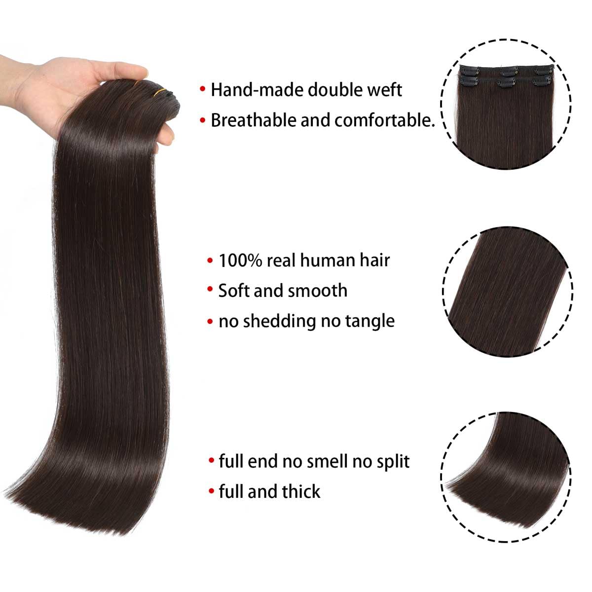 Clip in Hair Extensions Real Human Hair Straight 20 Inch 7pcs 120g Clip ins Hair Extensions Brazilian Remy Human Hair 16 Clips Double Weft Human Hair For Women (20 Inch, #2 Dark Brown)