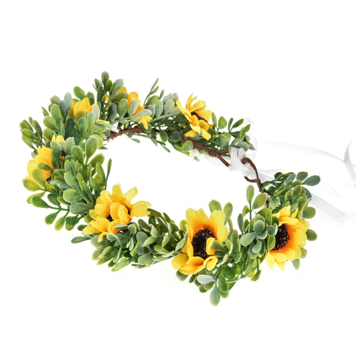June Bloomy Autumn Sunflower Headband Women Flower Headband Bridal Rose Floral Crown BOHO Photo Prop (Sunflower White)