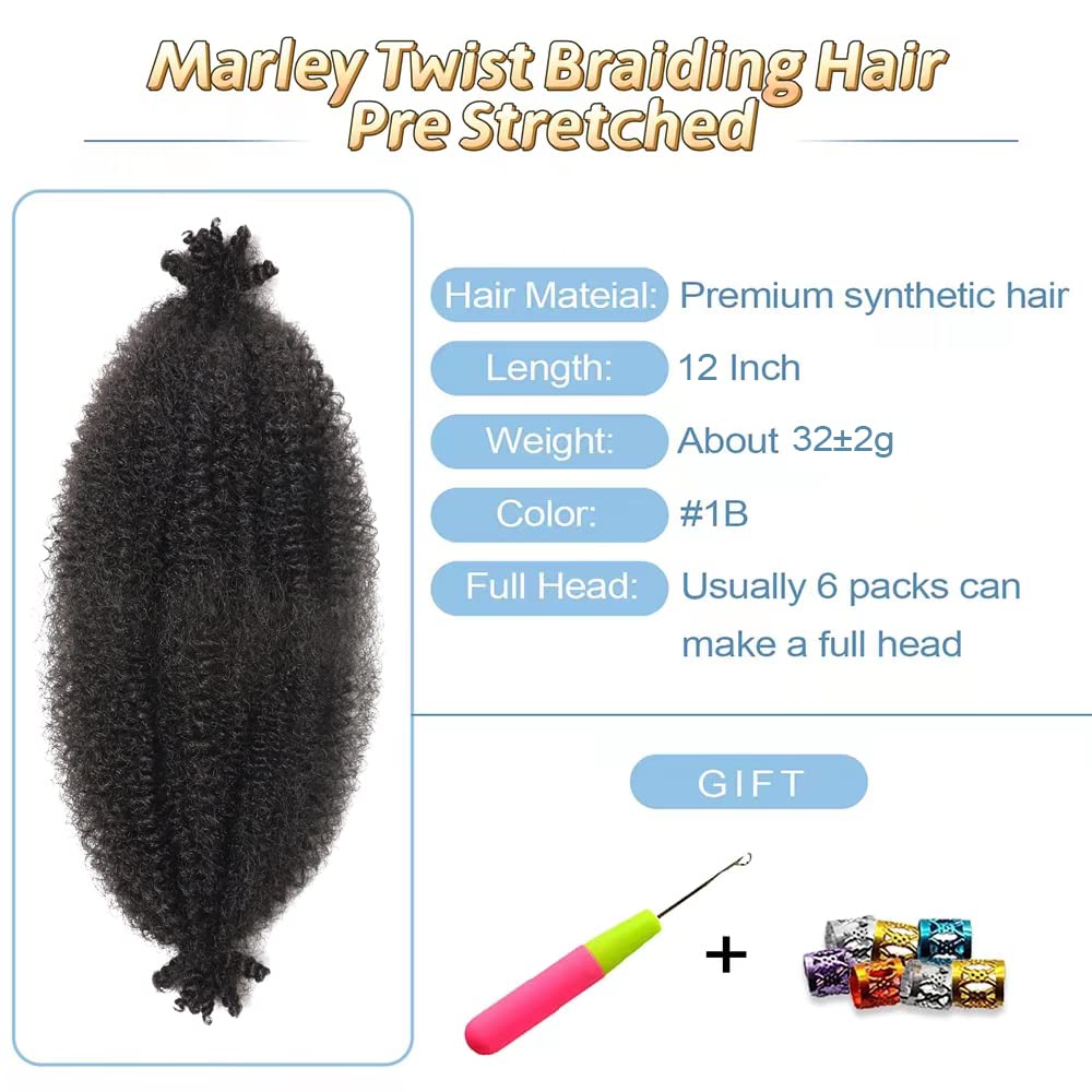 Marley Hair Braiding Hair Pre Stretched 12 Inch Marley Twist Braiding Hair for Spring Twist Hair Passion Twist Hair Faux Locs Crochet Hair Butterfly Locs Springy Afro Twist Hair Extensions(3 Packs,1B)