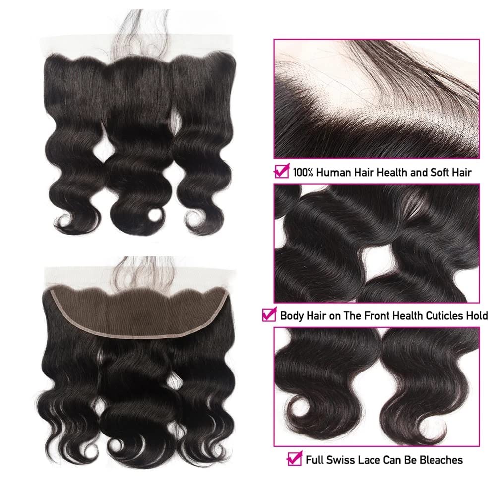 Ear To Ear 13x4 Transparent HD Lace Frontal Human Hair Brazilian Virgin Body Wave Lace Closures Human Hair With Baby Hair Free Part Pre Plucked Hairline 130% Density Brazilian Human Hair