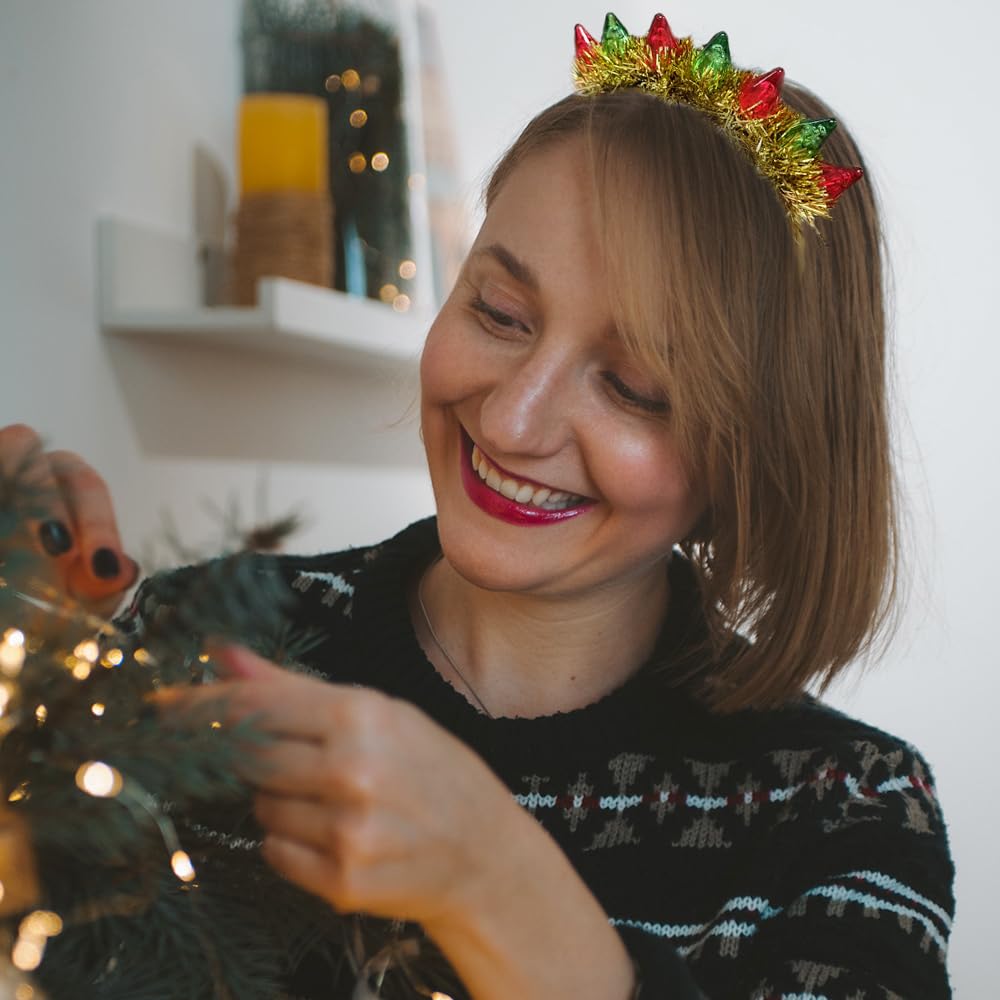 Madison Tyler Light Bulb Christmas Headwear for Women | Gold Tassel Red Green Light Bulb Headband Accessories for Party | Holiday Gifts for Women