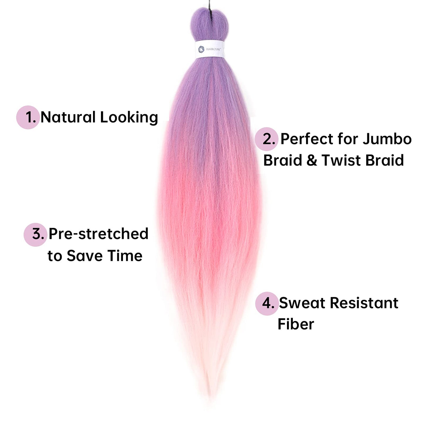 Pre-Stretched Braiding Hair Ombre Pink Braiding Hair Extensions 26 Inch 6 packs Hot Water Setting Professional Soft Yaki Synthetic Crochet Braids(Purple to Pink to White)