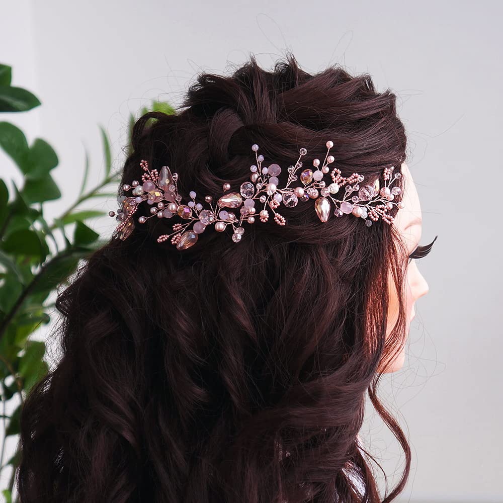 Teyglen Pink Rhinestones Crystal Hair Vine Headband, Handmade Bridal Hair Accessories for Women Girls (1 Count, Pink)