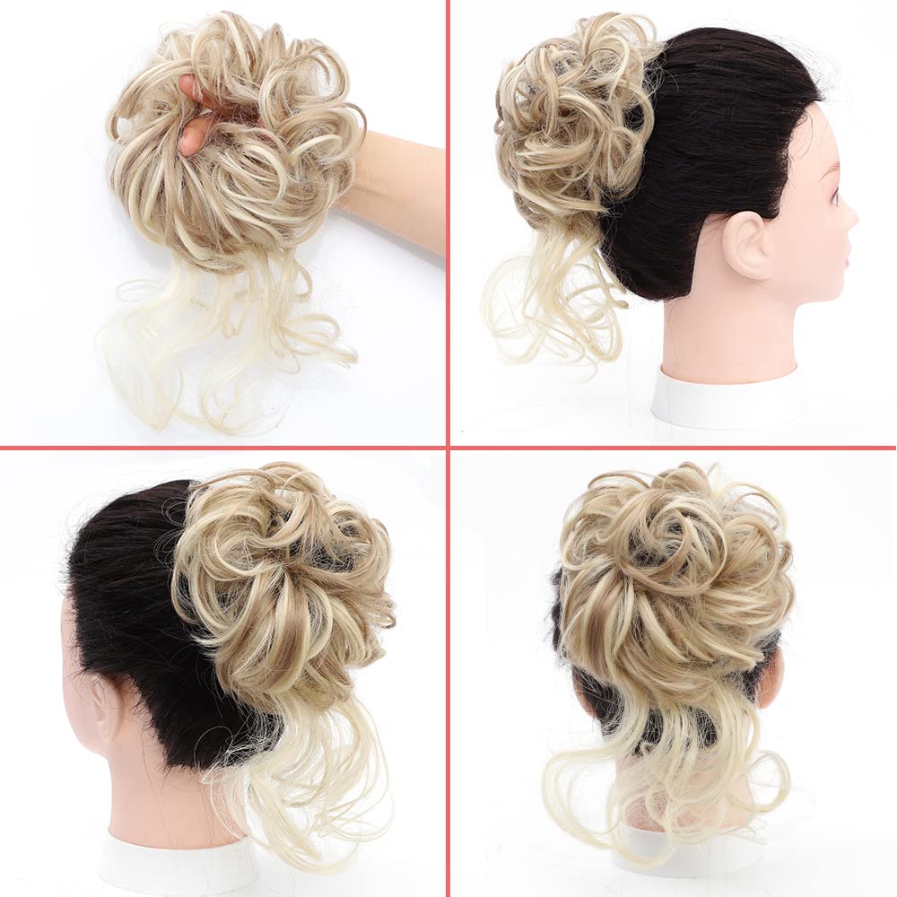 KETHBE Messy Bun Hair Piece Tousled Updo Hair Buns Extension Elastic Hair Band Hair Pieces Curly Hair Bun Scrunchie For Women (Highlights Blonde)