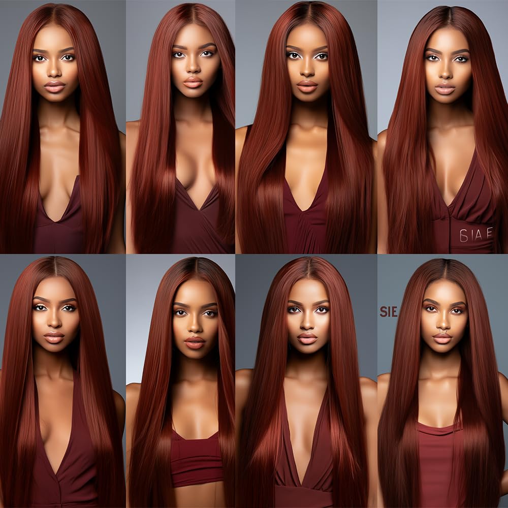 Color 33 Human Hair Copper Red Straight Bundles Human Hair Reddish Brown Bundles Auburn Bundles Human Hair Double Weft Wet and Wavy Bundles Silky and Soft for Black Women (22 24 26 Inch 3 Bundles)