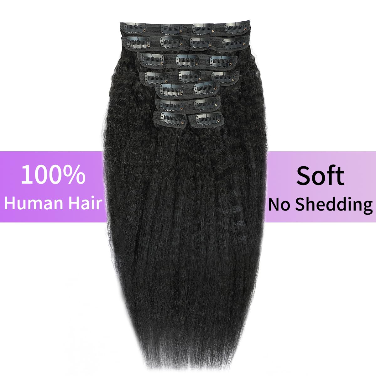 22 Inch Kinky Straight Clip in Hair Extensions Real Human Hair Yaki Straight Clip ins Seamless Remy Human Hair Clip in Extensions for Black Women Natural Black 8Pcs 100g 20 Clips