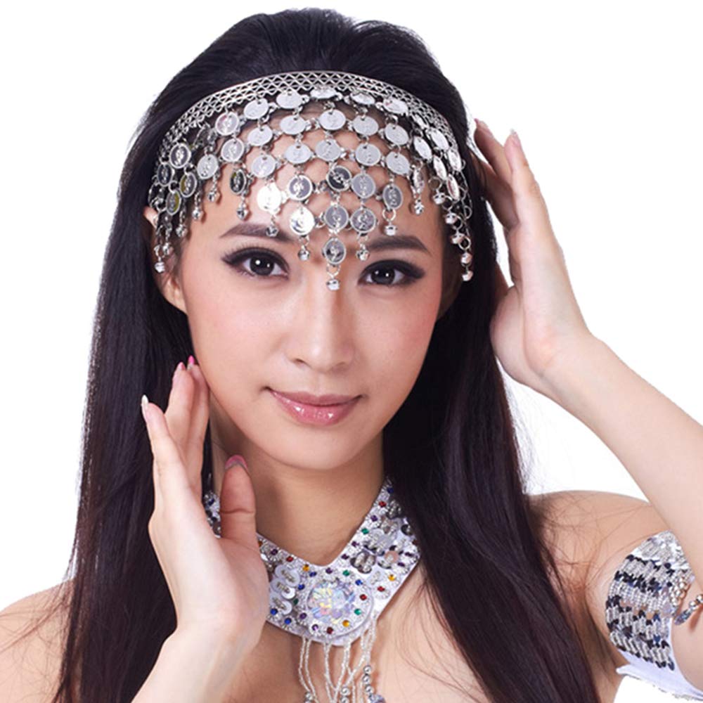 Lauthen.S Women Belly Dance Headband Coins Tribal Headpiece Gypsy Jewelry Costume Accessory (One Size, Silver 01)