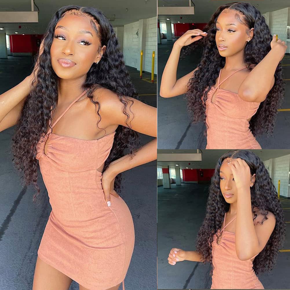 JADEFLO Deep Wave Lace Front Wig Human Hair 13x4 HD Transparent Lace Frontal Wigs for Black Women Human Hair 180% Density Glueless Lace Front Wigs Pre Plucked with Baby Hair (18 Inch)