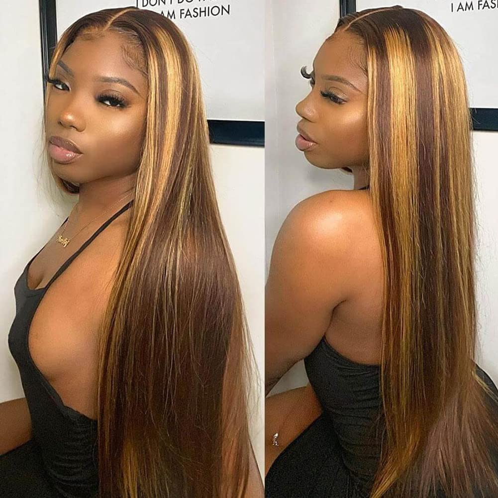Healthair Ombre Lace Front Wigs Human hair Highlight 4/27 Honey Blonde Lace Front Wig 180% Density Straight Human Hair Wig 13x4 HD Transparent Lace Wigs for Black Women (4/27, 20inch)