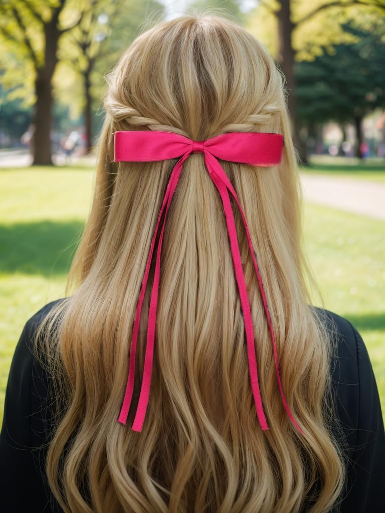 LFOUVRE Hair Accessories, Pink Ribbon Bows with Long Tassels for Hair, Hair Clips for Women and Girls, 4pcs