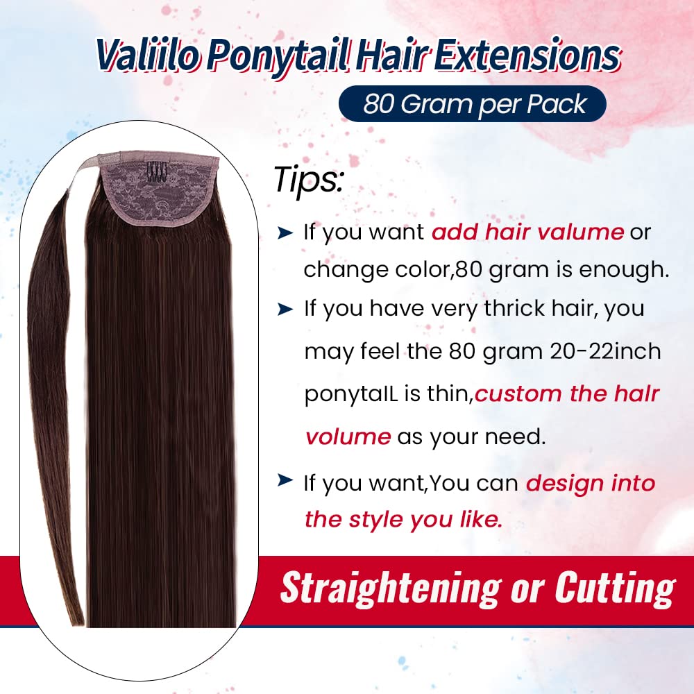 Human Hair Ponytail Extensions Dark Brown Real Human Hair Extensions Wrap Around Pony Tail Remy Human Hair Straight Clip in Pony Tail Hair Extensions 20 inch 80g