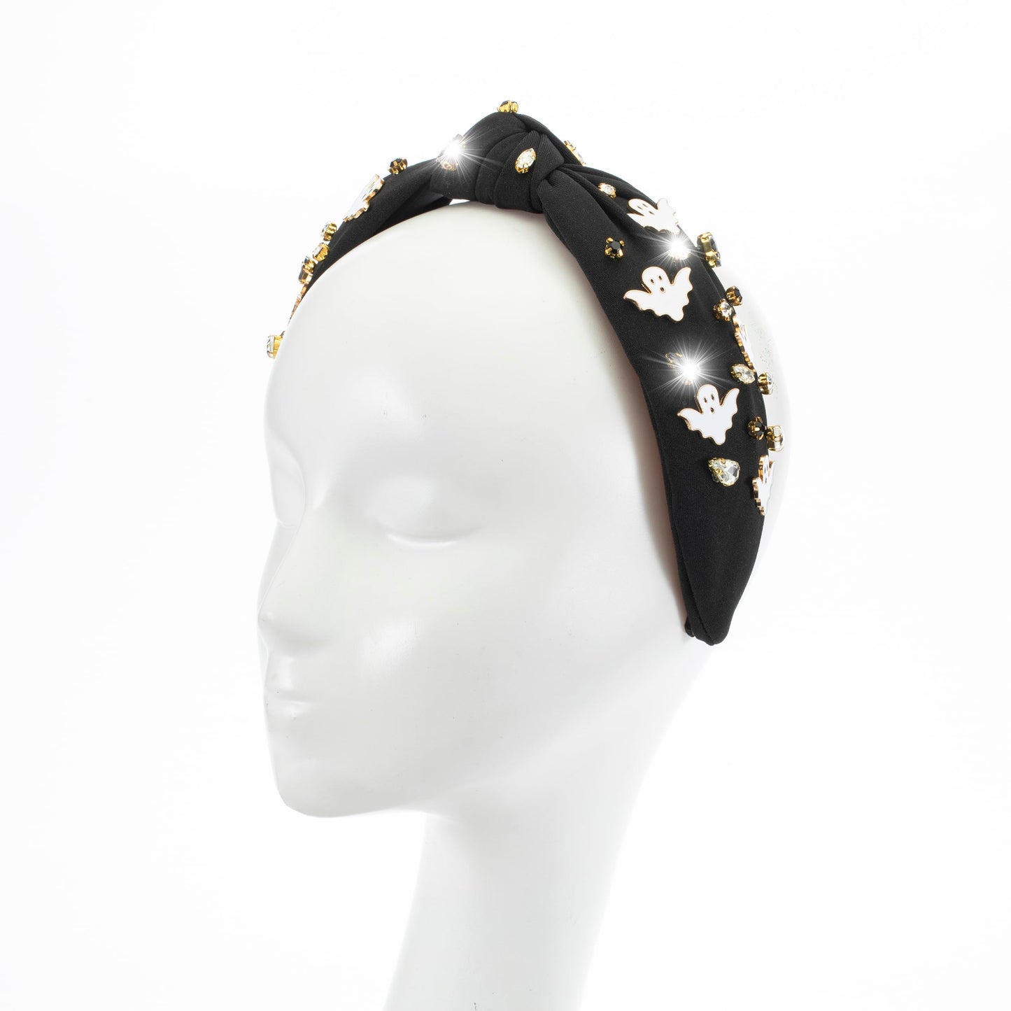Halloween Ghost Black Headband for Women Halloween Black White Rhinestone Jeweled Knotted Headband Holiday Sparkly Crystal Embellished Mixed Top Hairband Makeup Hair Hoop Gifts(crystal-ghost)