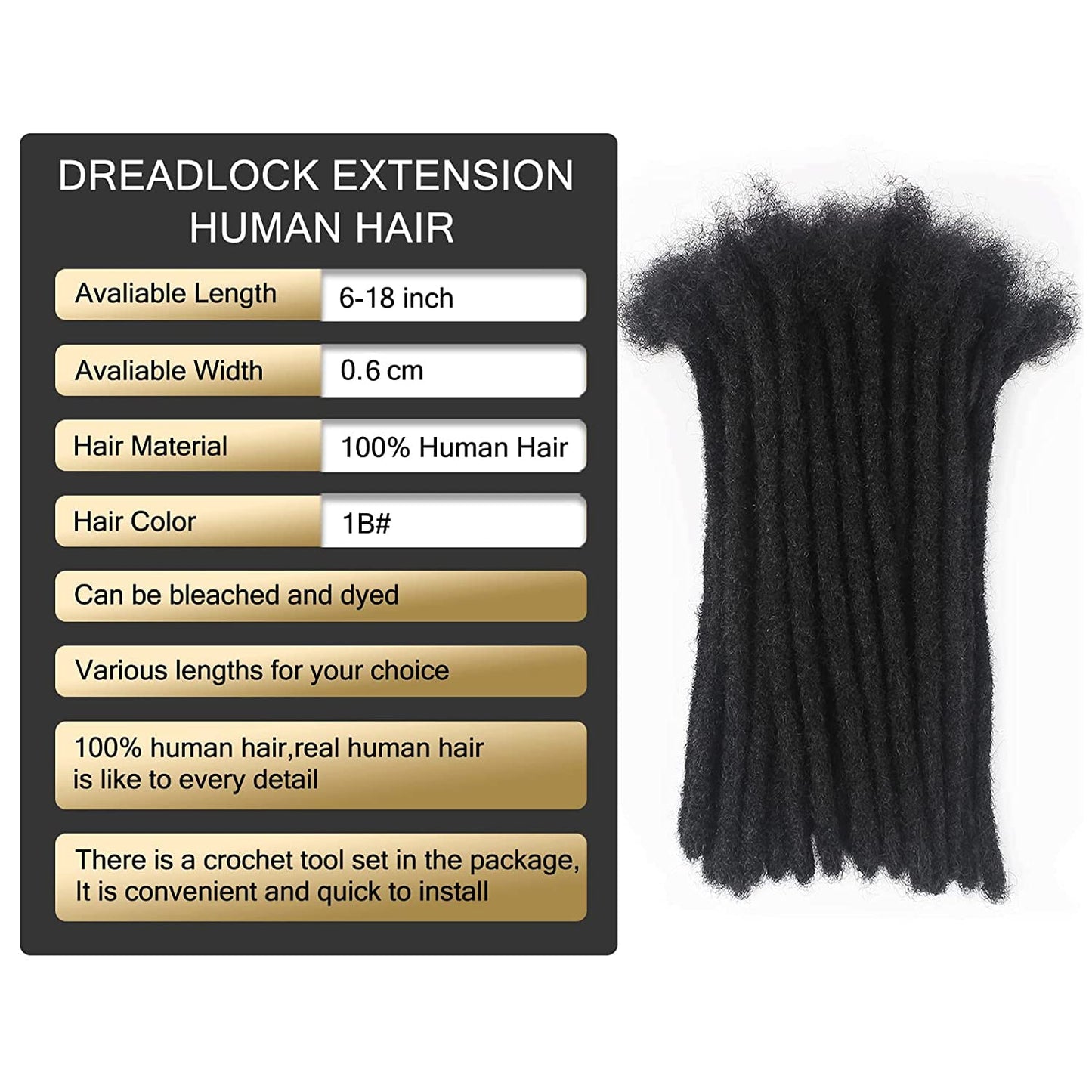 Loc Extensions Human Hair 0.6 cm Dreadlock Extensions Human Hair Dread Extensions Dread Lock Hair Extensions For Men Women 6 Inch 60 Strands 100% Real Human Hair Locs Handmade Permanent Locs