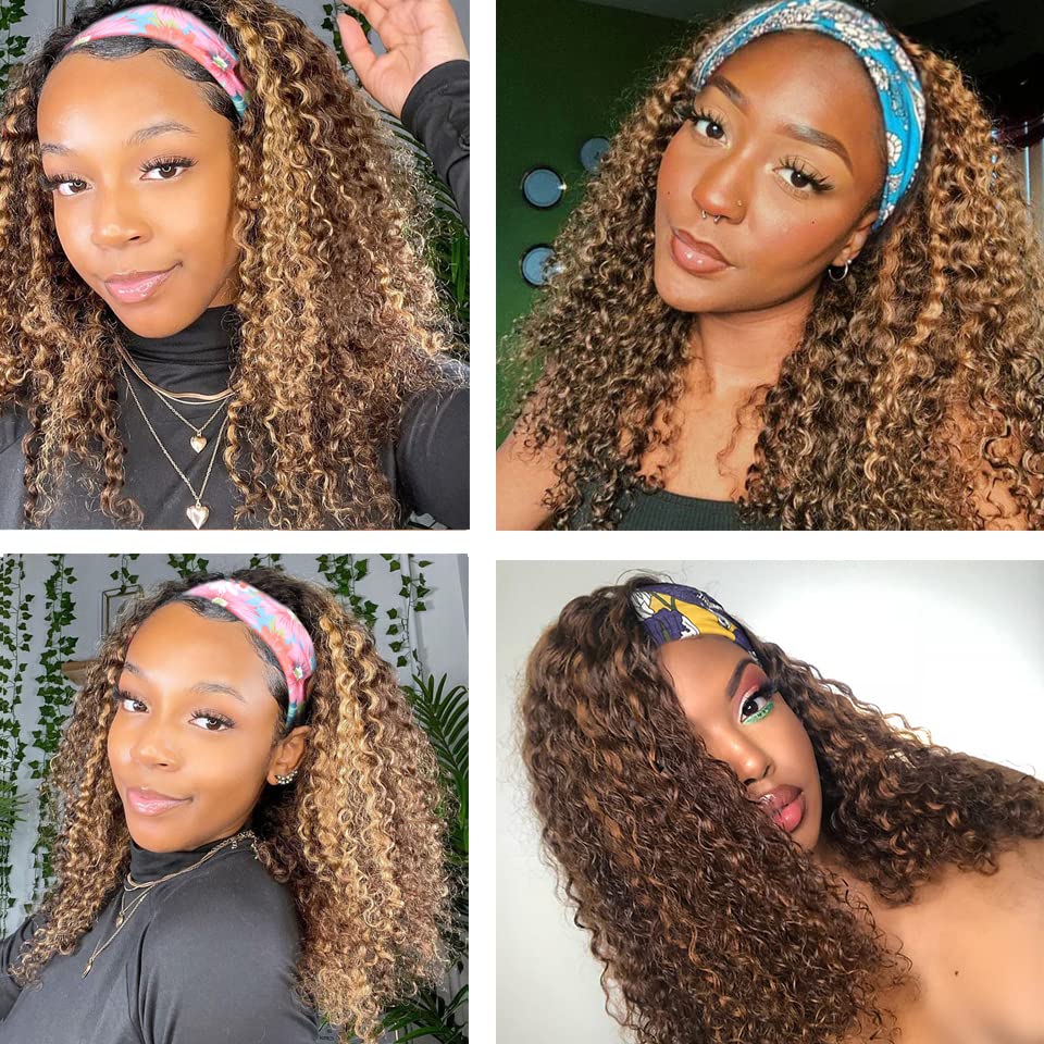 YiweYowe 28 Inch P4/27 Highlight Headband Wig Human Hair Deep Wave Brown Wig Human Hair Glueless Brazilian Virgin Hair Machine Made Wig 150% Density None Lace Front Wig Honey Blonde Colored